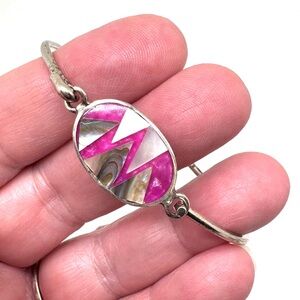 Vintage Alpaca Silver Bangle Bracelet with Mother-of-Pearl Abalone Shell Inlay